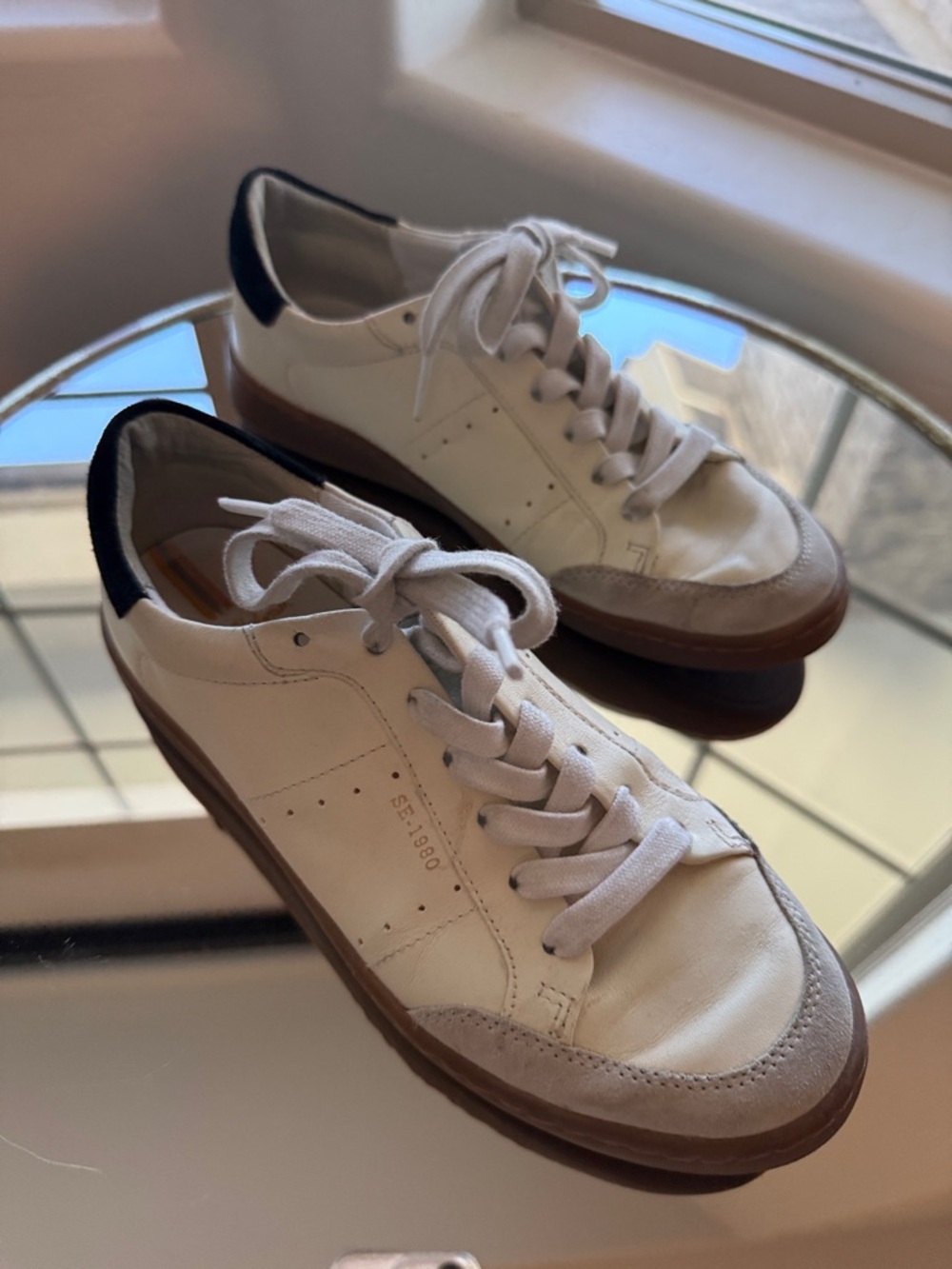 Sam Edelman White Sneakers with Brown Sole and Black Heel Tab